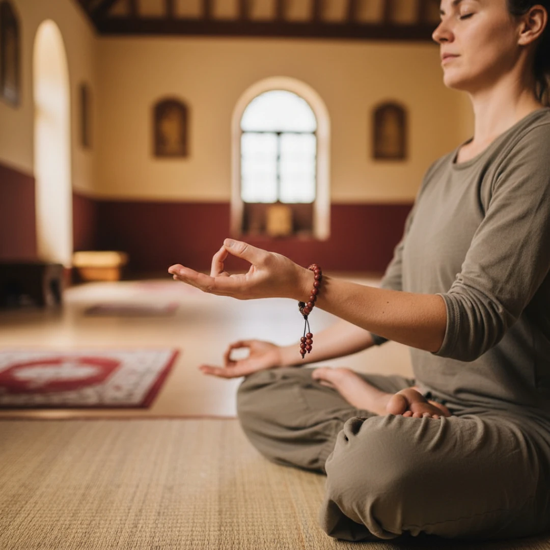 a women wearing red sandalwood bracelet