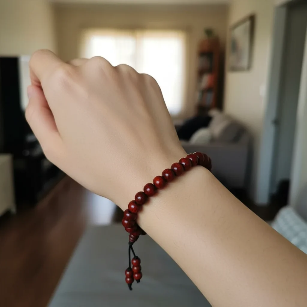 a women wearing sandalwood bracelet