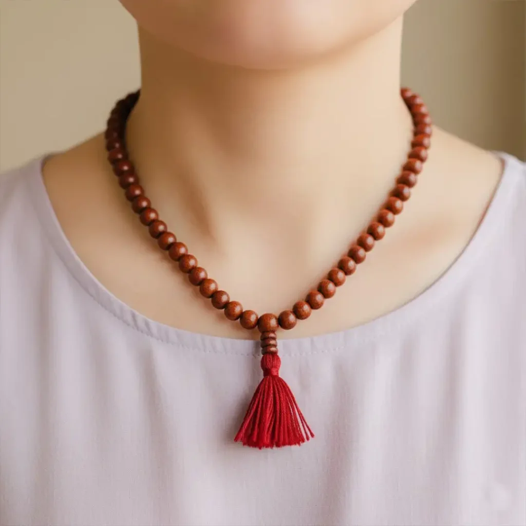a women wearing sandalwood mala