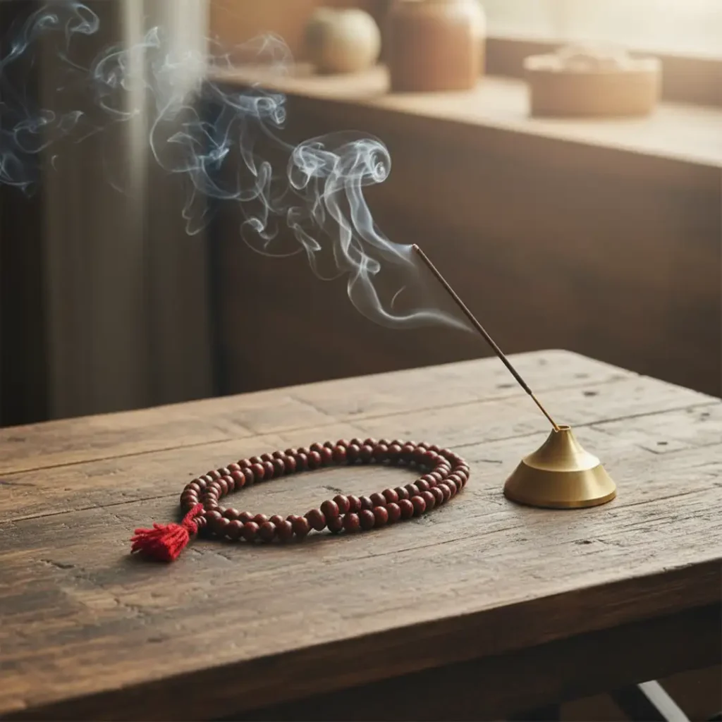 red sandalwood mala in a table