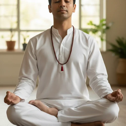 a man wearing red sandalwood mala and doing yoga pose